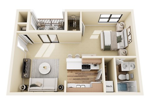 Floor plan for 1 bed, 1 bath, 635 sqft